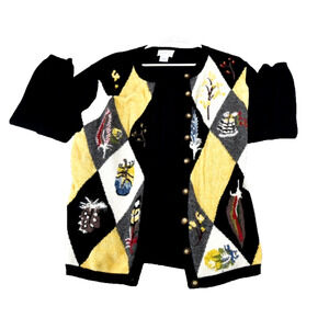 Susan Bristol Caridgan Large Button Up Black Yellow Embroidered Sweater